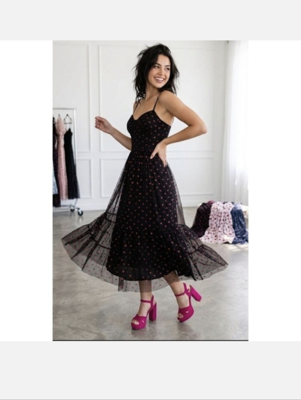 Betsey Johnson Black Mesh Midi Dress with Pink Glitter Lips.